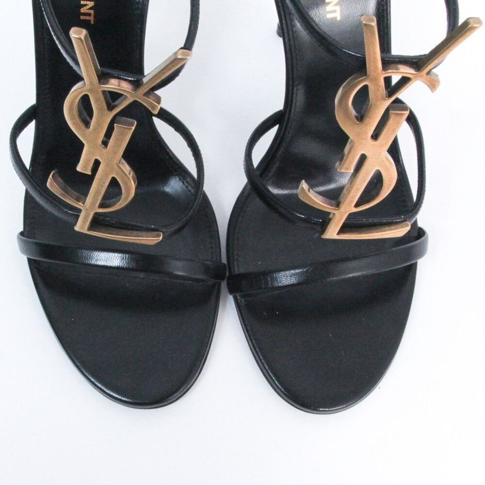 Saint Laurent Cassandra Sandals Black Leather Gold YSL Monogram Logo Heels 39 - Picture 5 of 15
